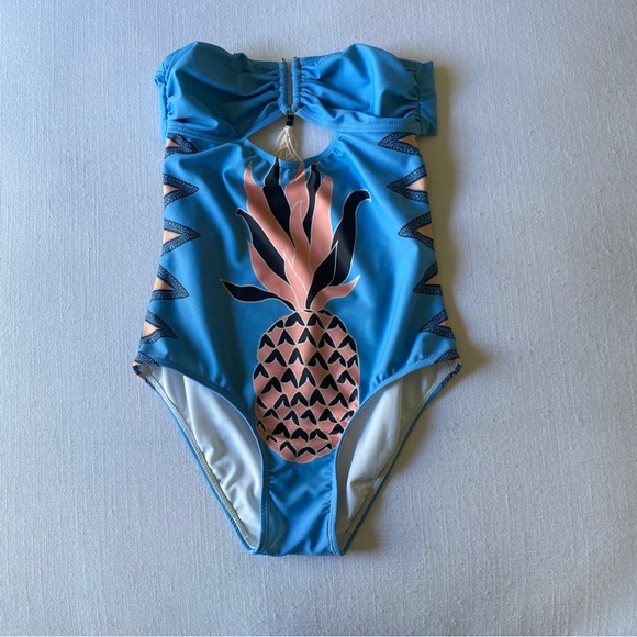 Blue Strapless Swimsuit with Pineapple and Bead Tassle Detail - Picture 2 of 9